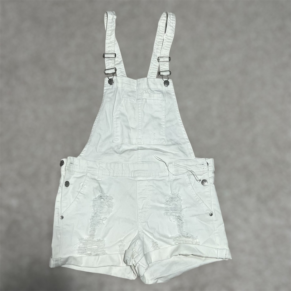 Almost Famous Shortall Denim Distressed Overalls Size 11 White Adjustable Strap